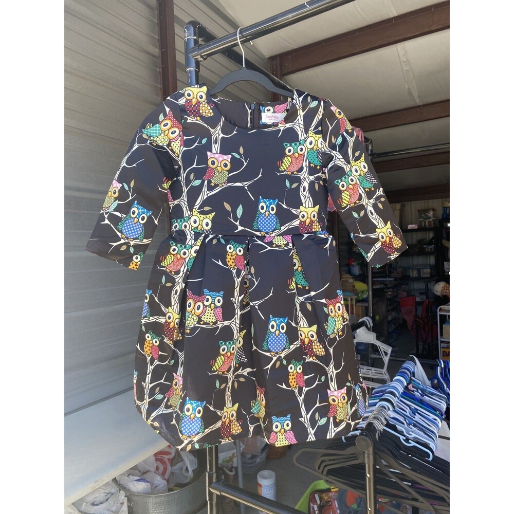 Sunny Fashion Girls Owl Dress Size 10 Black Colorful Print 3/4 Sleeve Pleated